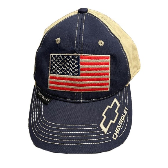 Chevrolet Other - Chevrolet American Flag Blue Tan Hat Trucker Tacky Back Adjustable Cap EUC LNC